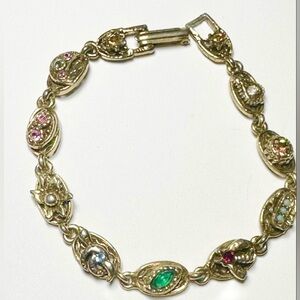 Vintage Goldette Multi-Stone Link Bracelet – 1950s Victorian Revival